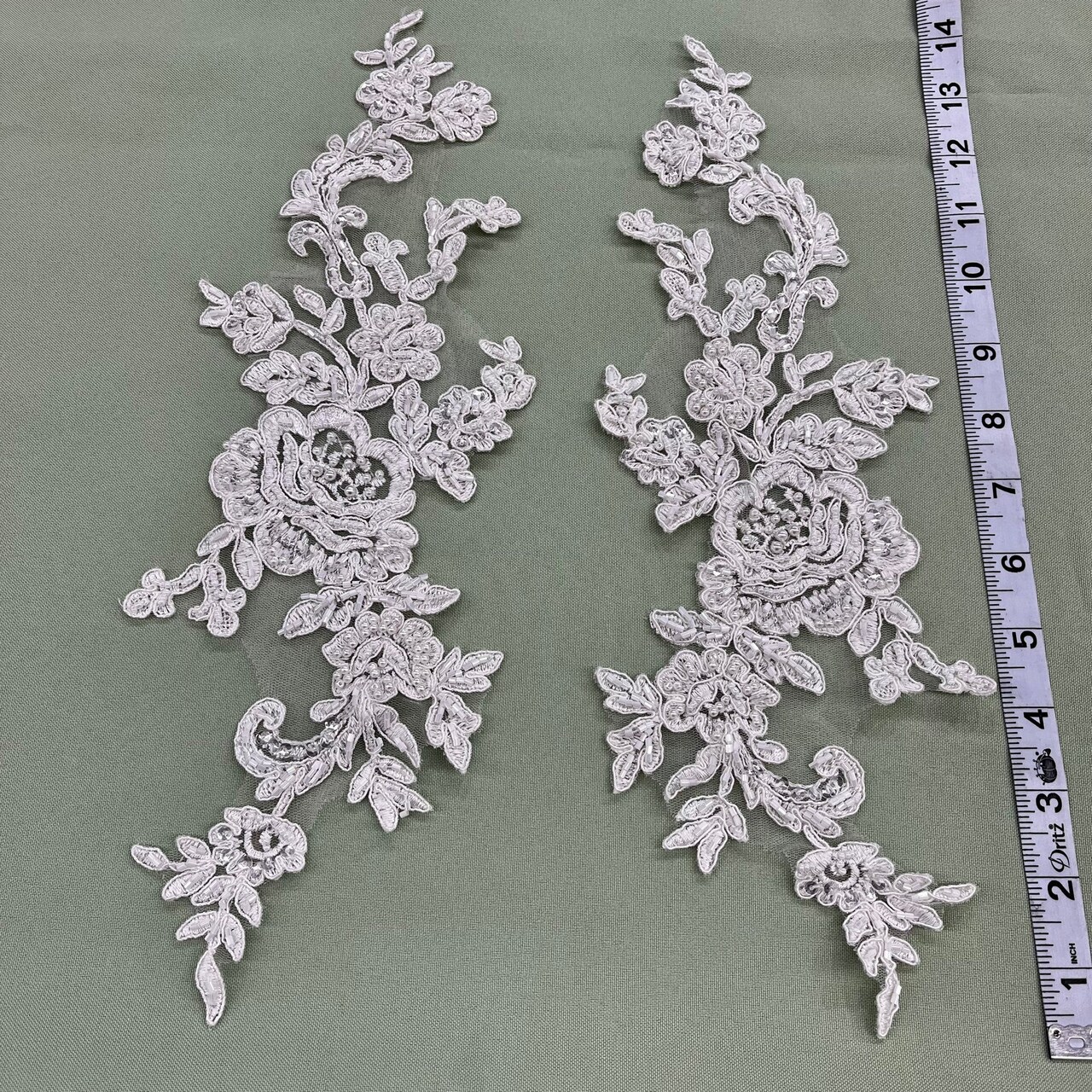 1 Pair Beaded & Corded Floral Lace Applique Embroidered on 100% Polyester Net Mesh 15" X 3.5" Each Side